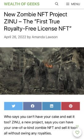 New Zombie NFT Project ZINU – The “First True Royalty-Free License NFT”